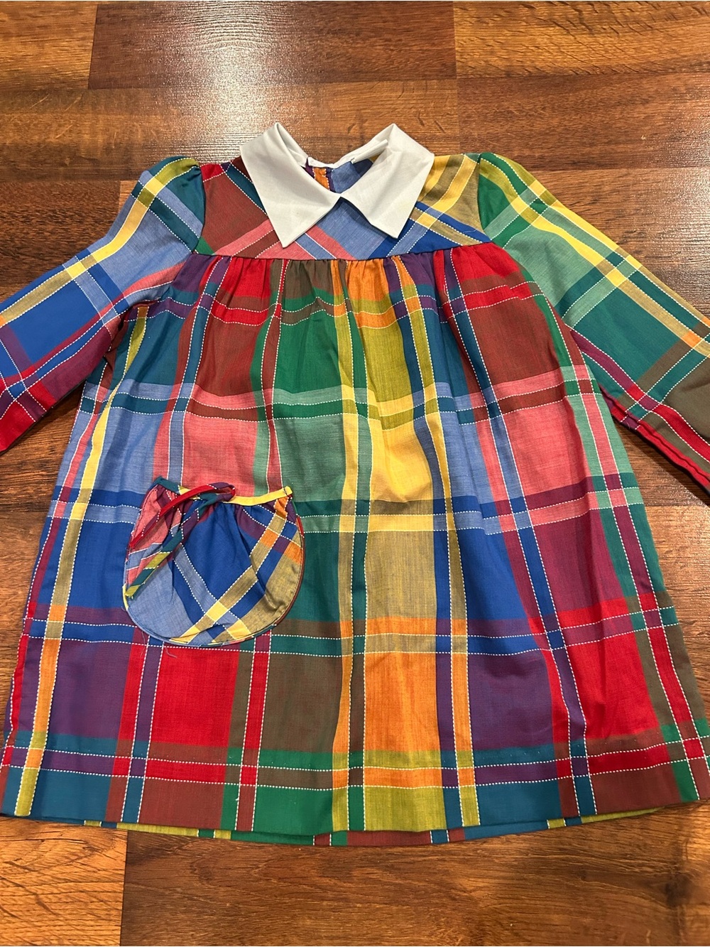 Vintage 80s Nannette Plaid Girls Dress Size 6 Blue Red Yellow Long Sleeve Collar